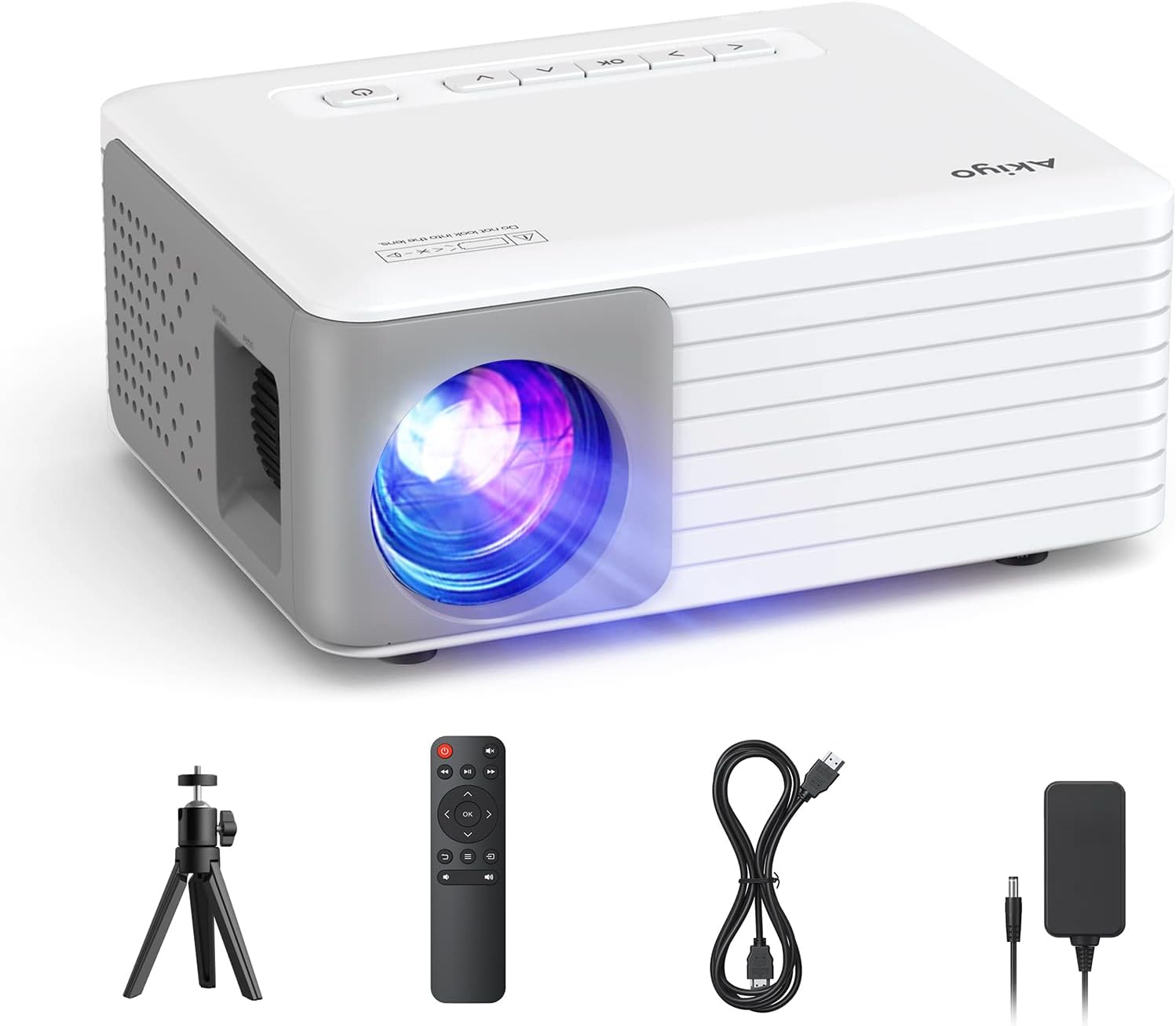 Mini Proyector Portátil con Tripode, 6500 Lumens Videoproyector Soporta HD 1080P, AKIYO Proyector Portátil Cine en Casa, para Movil/Teléfono/PC/PS4/TV Stick/HDMI, Regalo para Niños