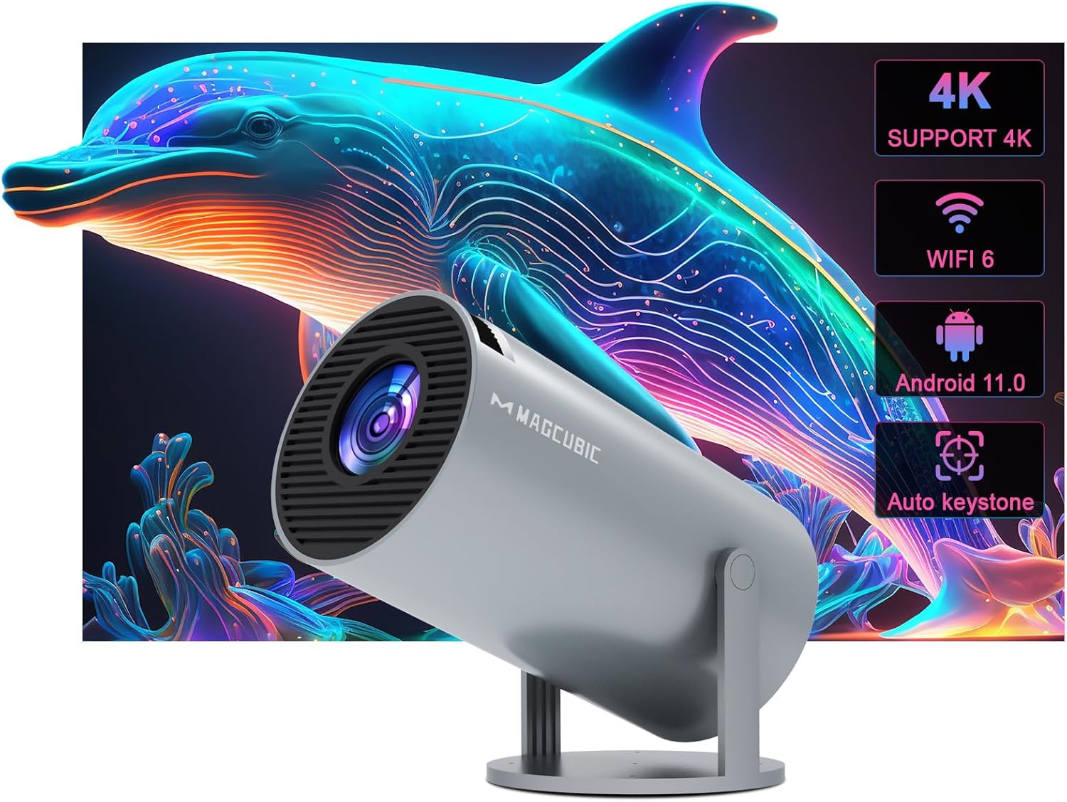 Gris Mini proyector portátil Auto Keystone, proyector Inteligente 4K/ 200 ANSI con WiFi 6, BT 5.0, Pantalla de 130 Pulgadas, Giro de 180 Grados, Sistema operativo Android Integrado 11.0