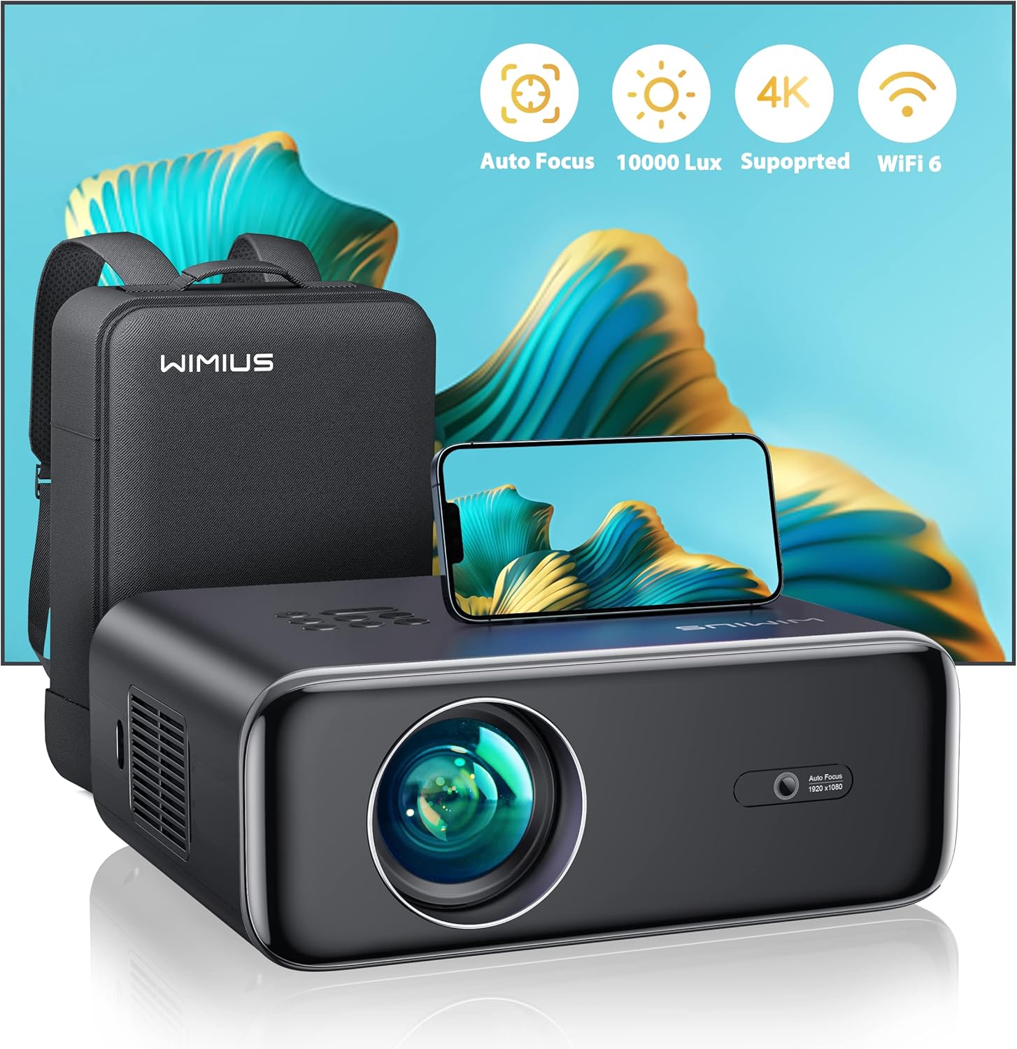 【Auto Focus/Keystone】 Proyector 4K WiFi Bluetooth 26000 Lúmenes Full HD 1080P, WiMiUS Proyector 4K Soporte Función Zoom Proyector con WiFi 6 Cine en Casa/Exterior para Teléfono/TV Stick/PS5 HDMI USB